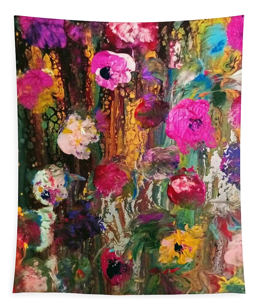 Flowers Fusion Pink Tapestry featuring the painting Flower Fusion by Anna Adams