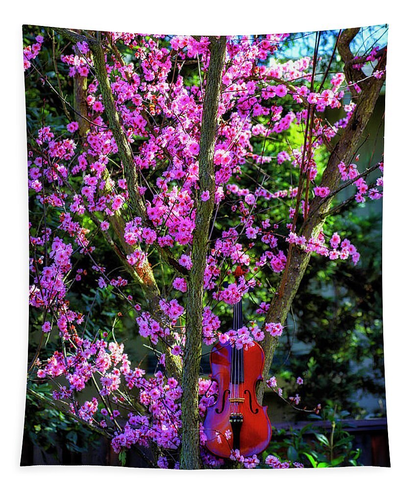 Violin Tapestry featuring the photograph Flowering Plum With Violin by Garry Gay