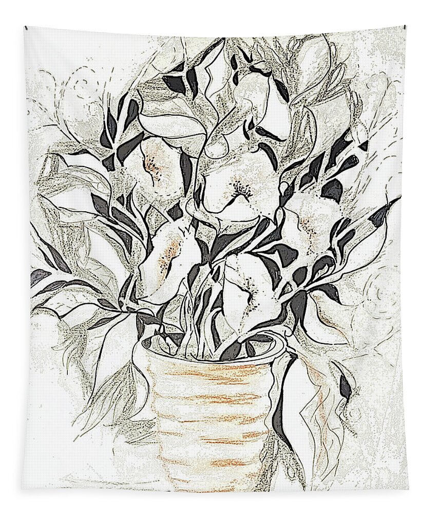 Flower Tapestry featuring the painting Flowerpot Drawing with Ink by Lisa Kaiser