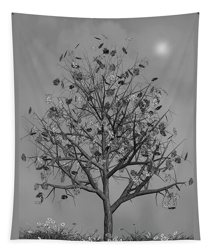 Autumn Tapestry featuring the mixed media Flowers Beneath The Autumn Tree Black and White by David Dehner