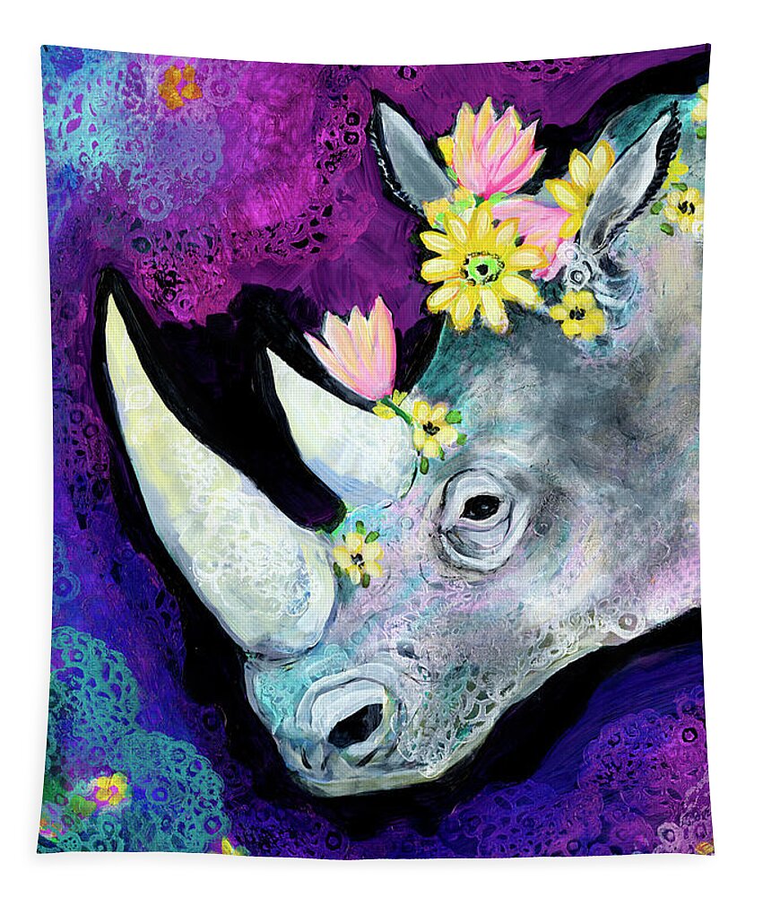 Rhino Tapestry featuring the painting Flowers for Rhino by Jennifer Lommers