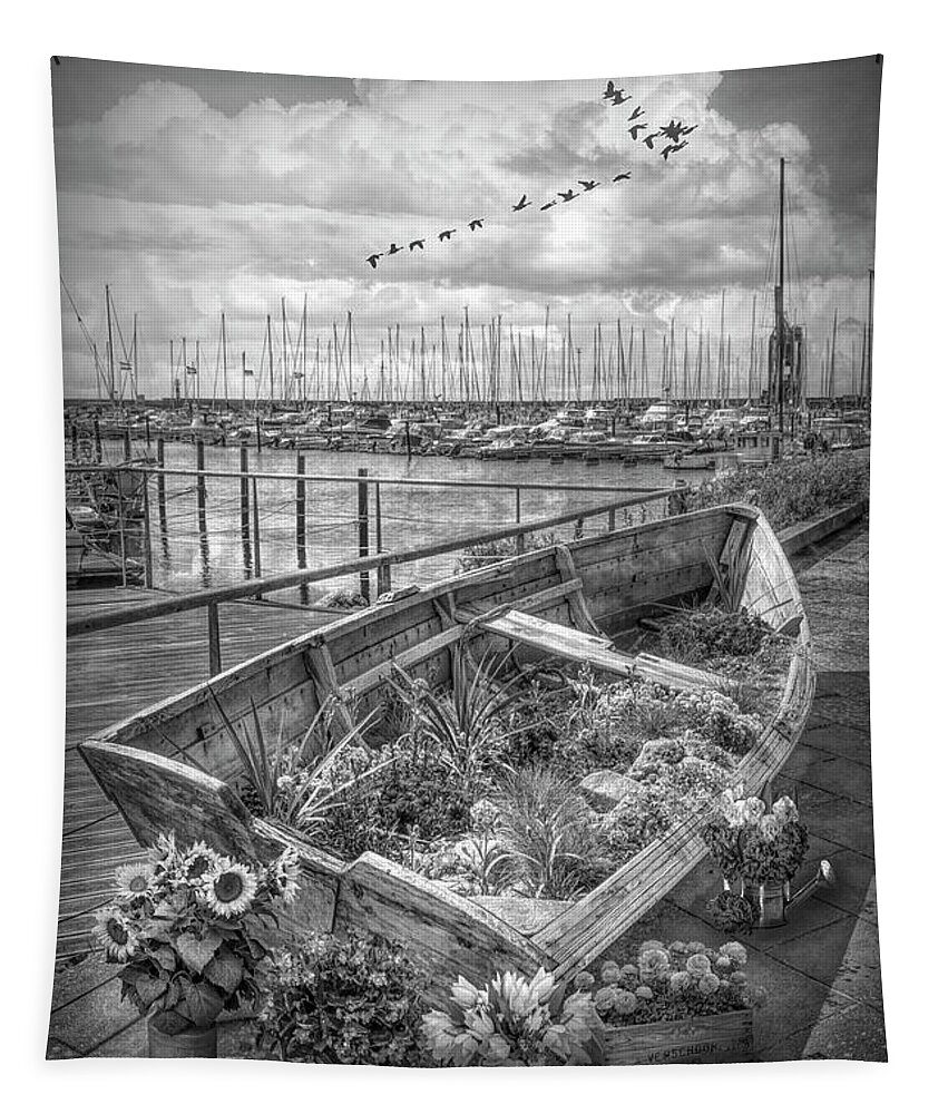 Boats Tapestry featuring the photograph Flowers in a Rowboat in Black and White by Debra and Dave Vanderlaan