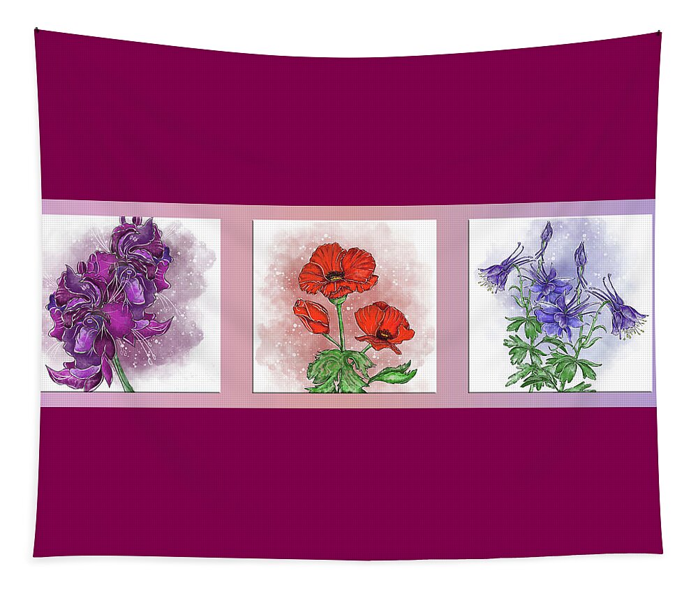 Triptych Tapestry featuring the painting Flowers triptych Gladiolus, poppy and forest columbine by Patricia Piotrak