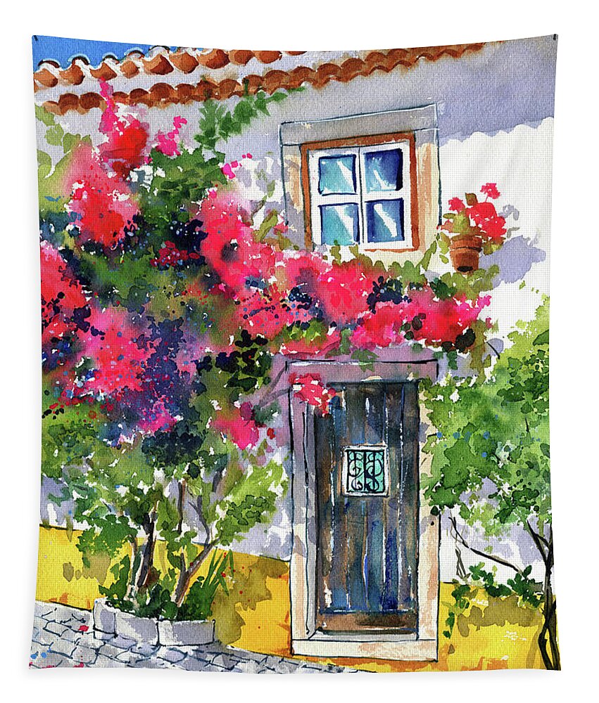 Portugal Tapestry featuring the painting Flowery Entrance in Obidos Portugal by Dora Hathazi Mendes