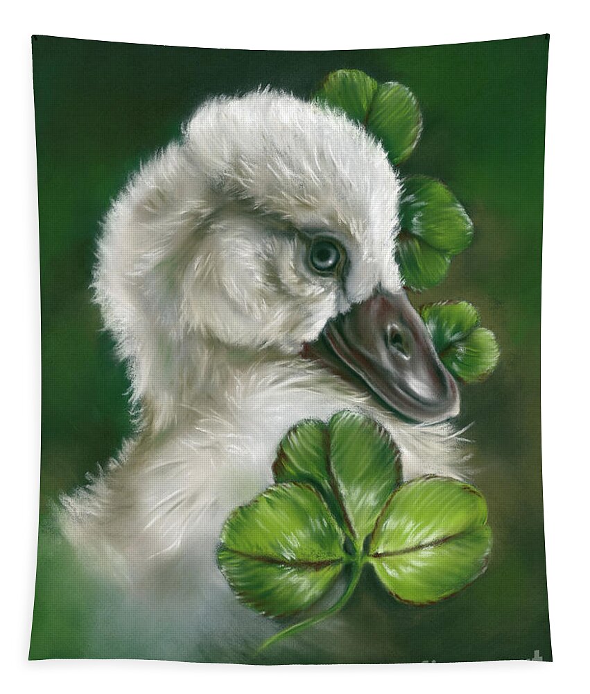 Bird Tapestry featuring the painting Fluffy Cygnet Hatchling Swan in Clover by MM Anderson