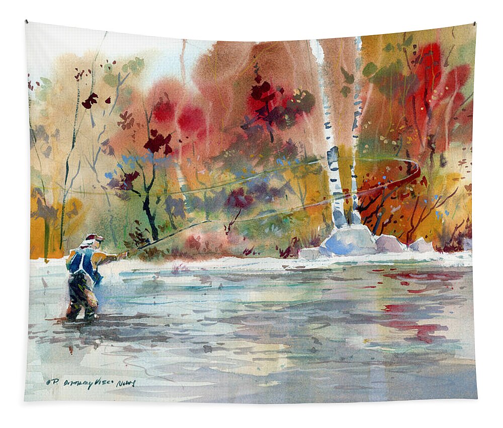New England Scenes Tapestry featuring the painting Fly Fishing in the Fall by P Anthony Visco