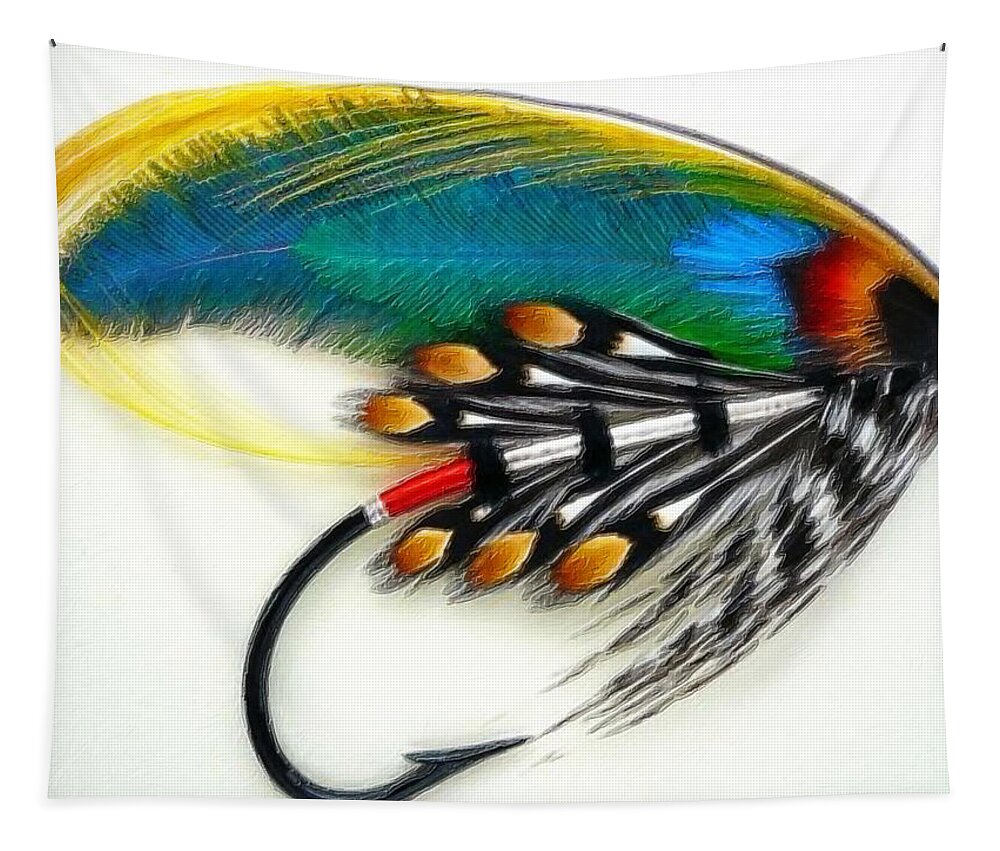 Artificial Fishing Bait Tapestry featuring the painting Fly Fishing Lure Painting Study Beautiful Pretty by Tony Rubino