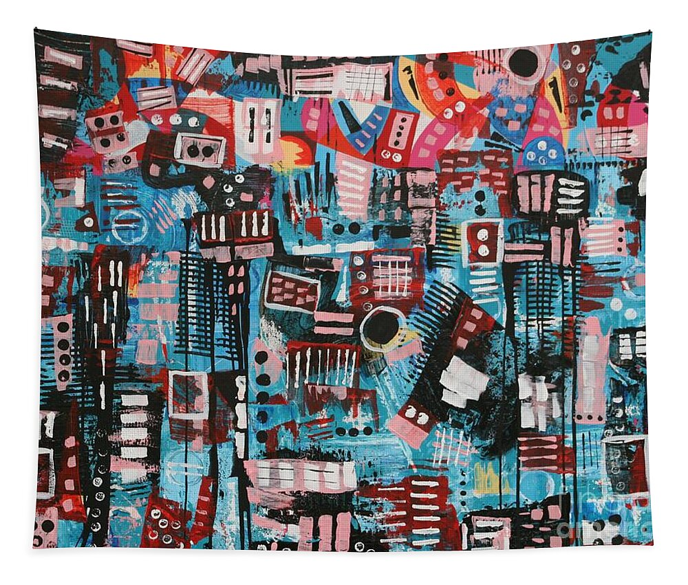 Abstract City Tapestry featuring the painting Fly-Over by Jean Clarke