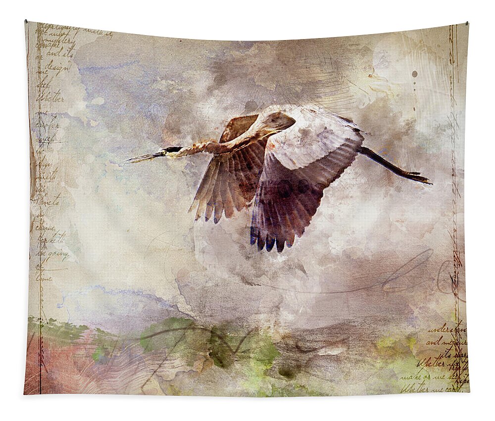 Digital Art Tapestry featuring the digital art Flying Heron by Linda Lee Hall