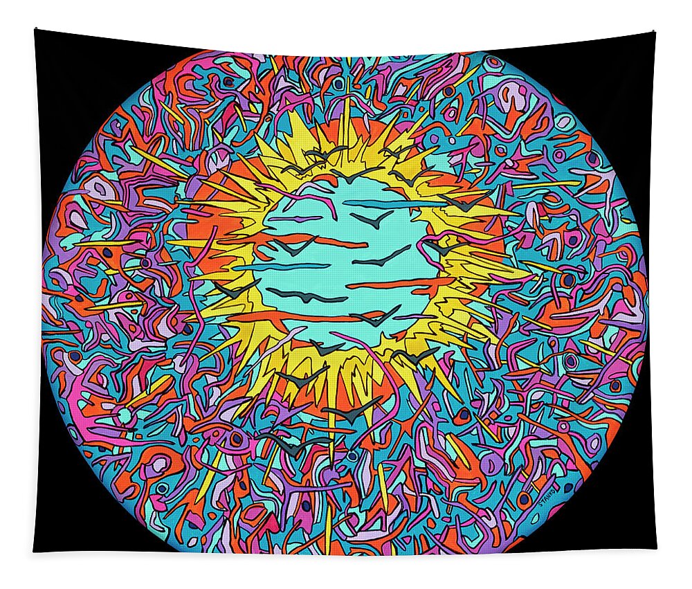 Flying Psychedelic Pop Art Colorful Sun Tapestry featuring the painting Flying through the Sun by Mike Stanko