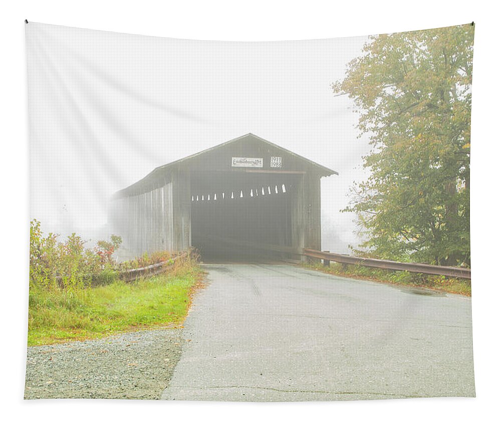 Burr Arch Tapestry featuring the photograph Foggy Morning at the Mount Orne covered bridge by Jeff Folger