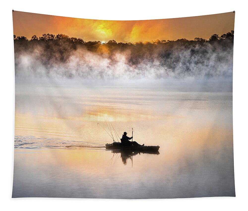 Lake Lamar Bruce Tapestry featuring the photograph Foggy Morning Kayak Fisherman Sunrise Lake Mississippi by Jordan Hill