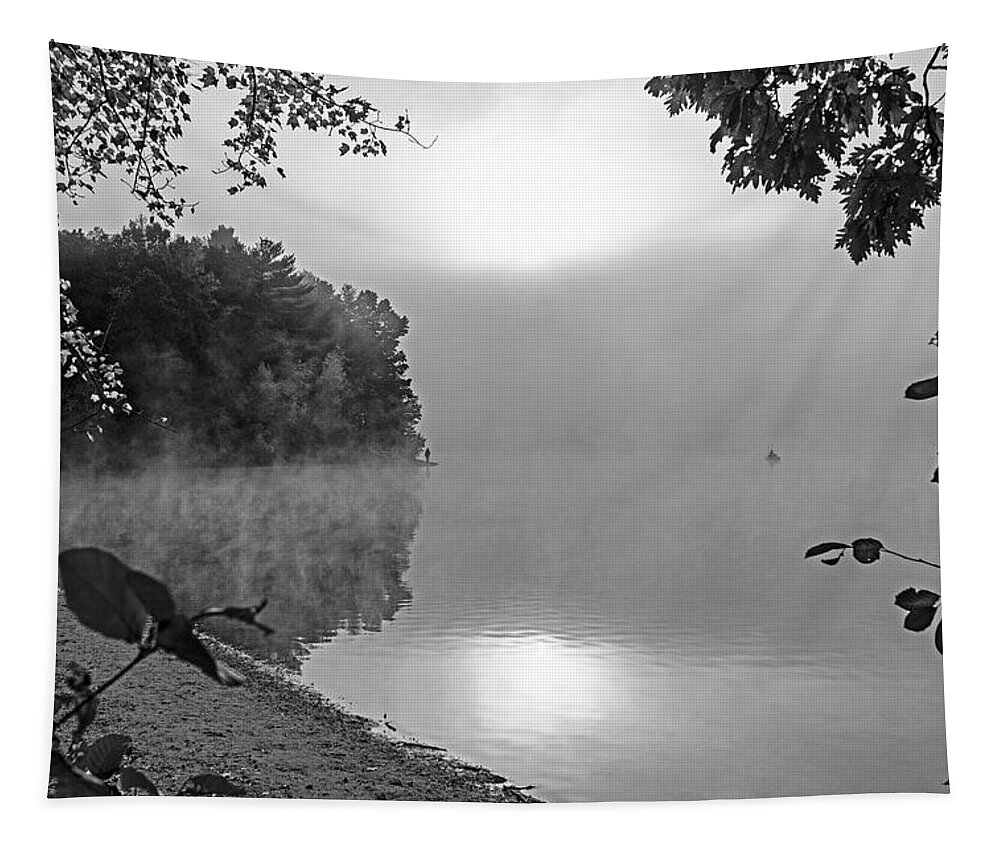 Concord Tapestry featuring the photograph Foggy Sunrise on Walden Pond Concord Massachusetts Black and White by Toby McGuire