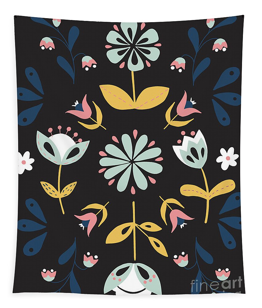 Folk Flowers Tapestry featuring the digital art Folk Flower Pattern in Black and Blue by Ashley Lane