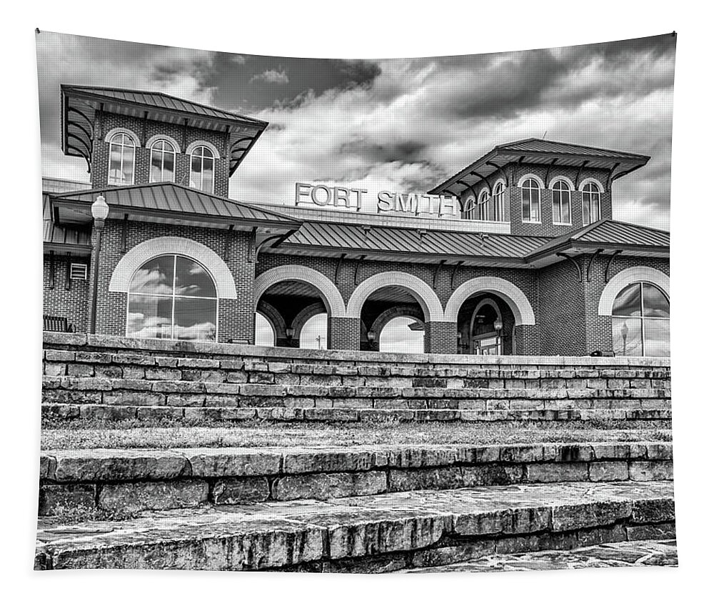 Fort Smith Tapestry featuring the photograph Fort Smith Riverfront Building From The Amphitheater - Black and White by Gregory Ballos