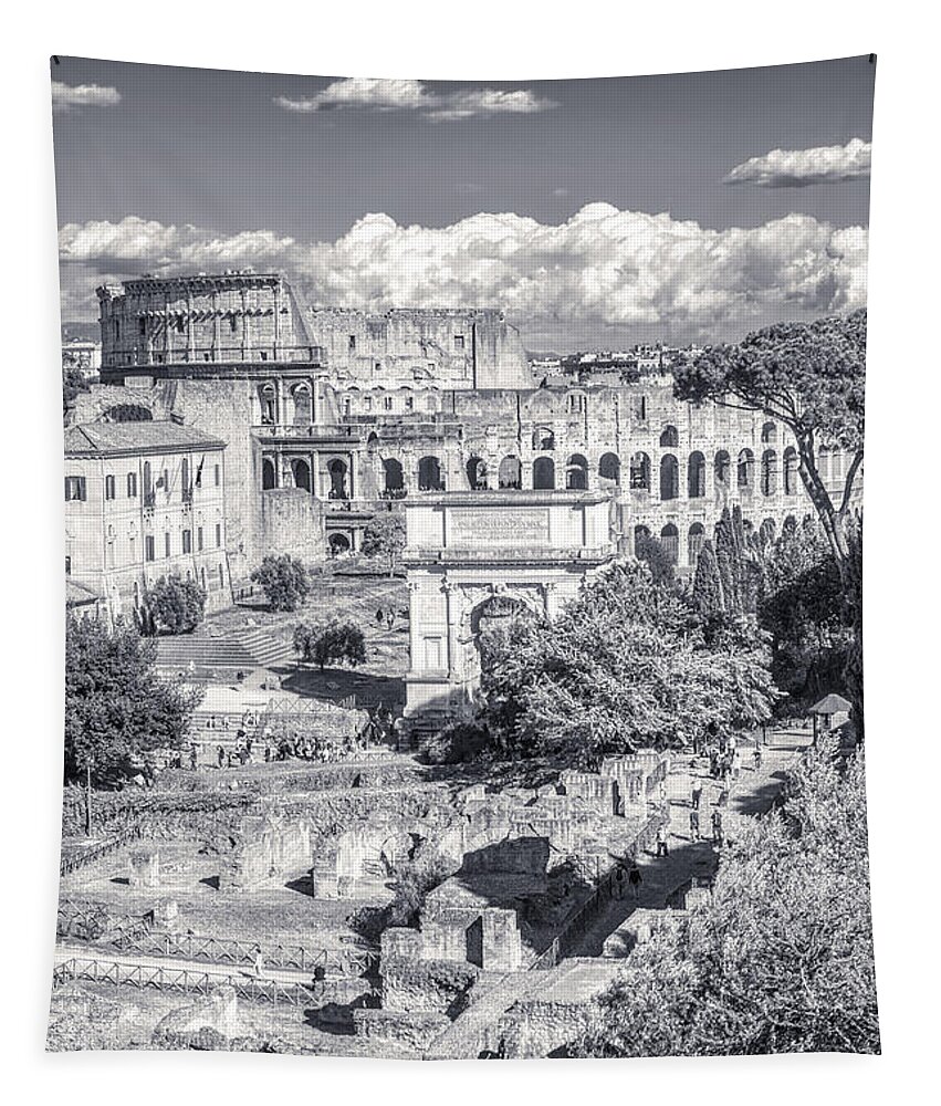 Italian Scene Tapestry featuring the photograph Forum Romanum with The Colosseum in the background BW by Stefano Senise