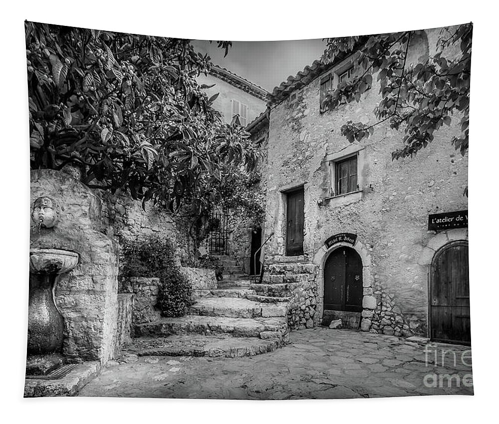 Black And White Tapestry featuring the photograph Fountain Courtyard In Eze, France 2, Blk White by Liesl Walsh