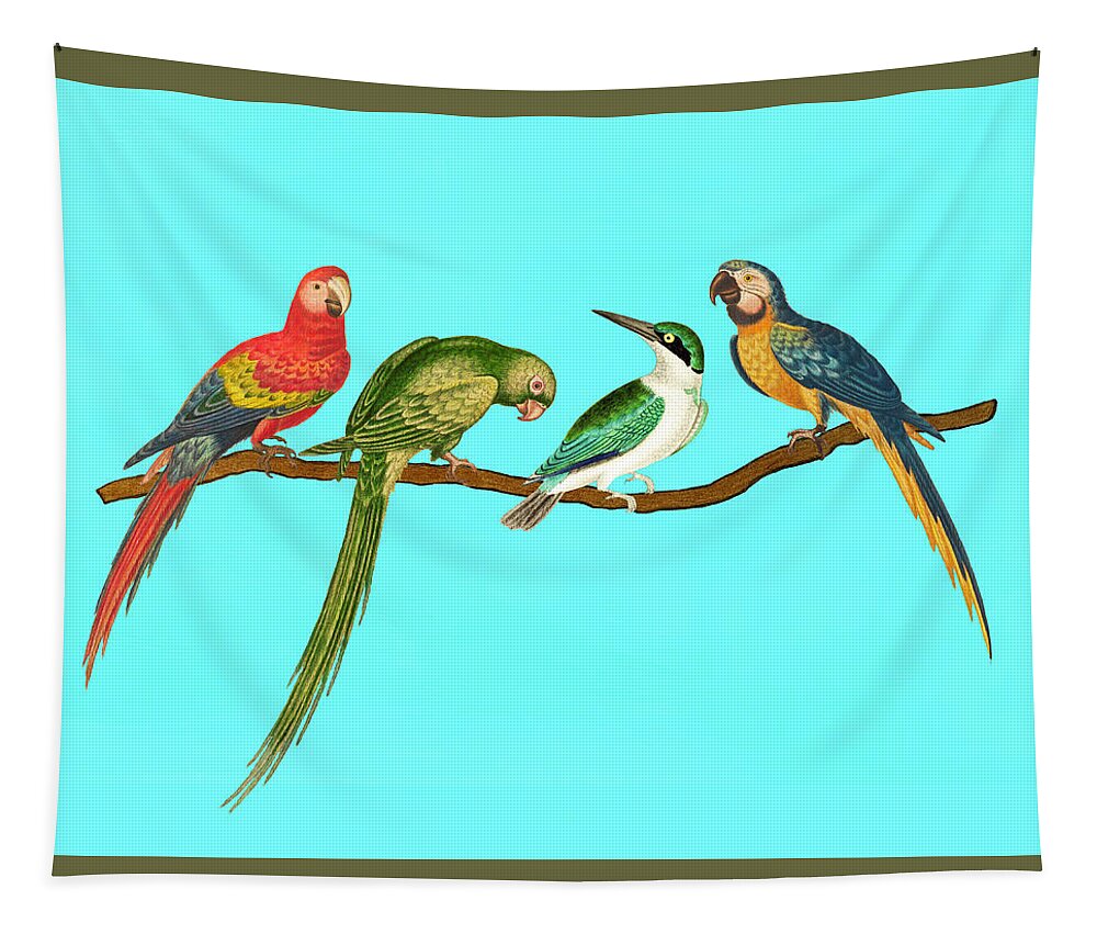 Birds Tapestry featuring the mixed media Four birds on a branch by Lorena Cassady
