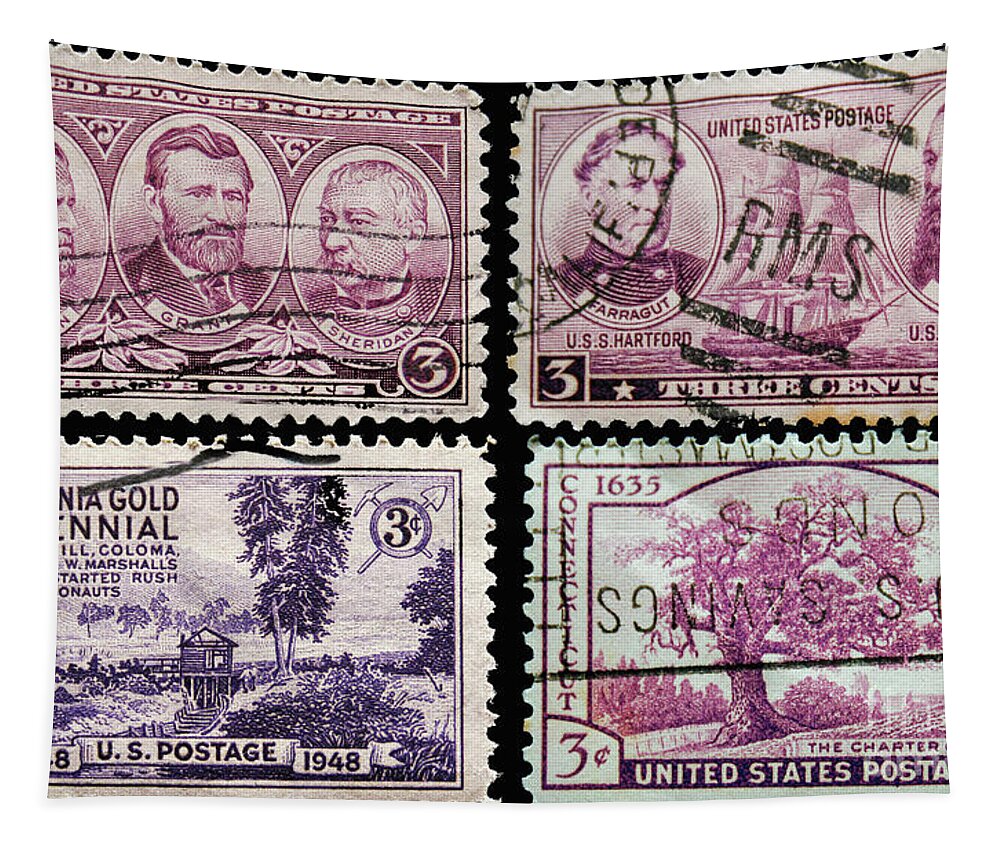 Four vintage US postage stamps from the 1930's and 1940's Tapestry