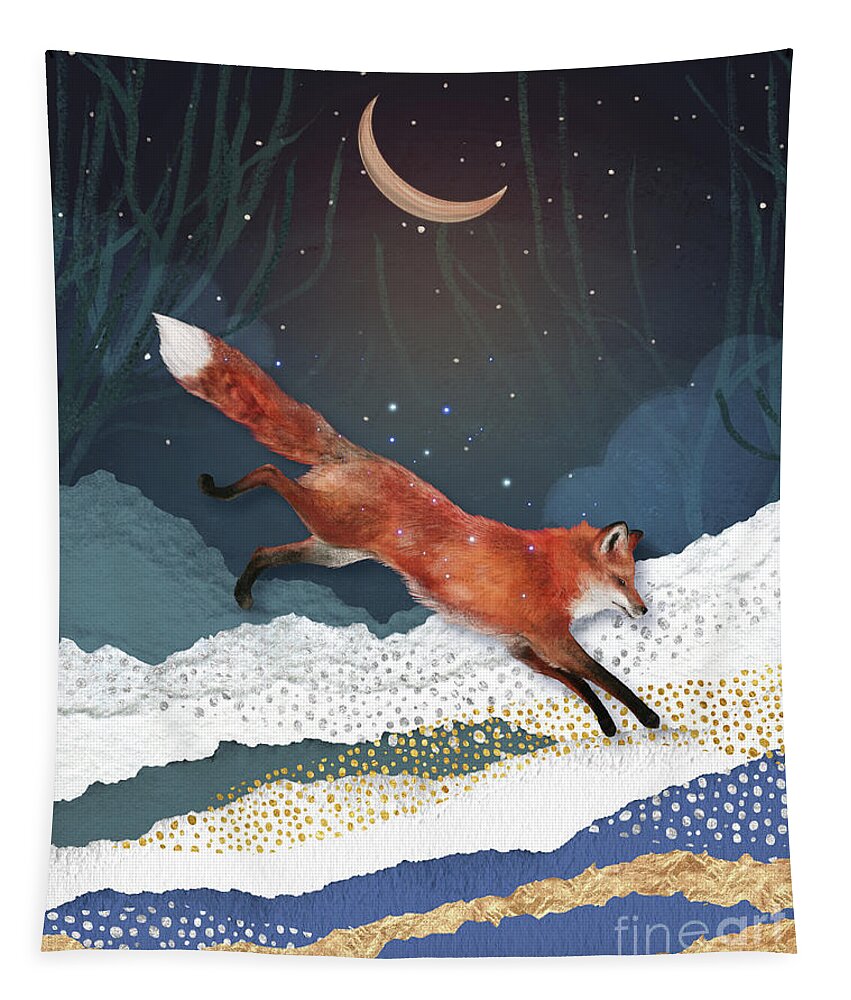 Fox And Moon Tapestry featuring the painting Fox And Moon by Garden Of Delights