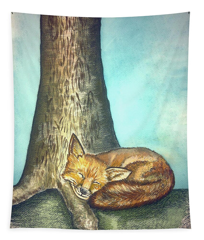 Nature Tapestry featuring the painting Fox And Tree by Christina Wedberg