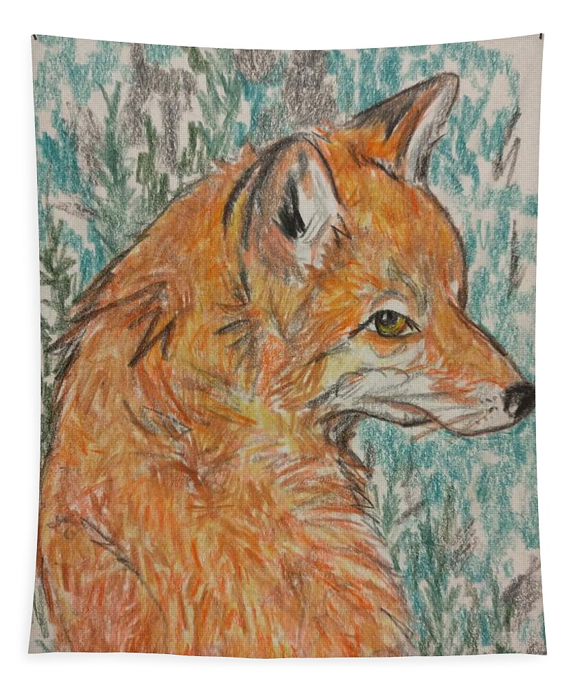 Animal Tapestry featuring the mixed media Fox In Field by Alison Steiner