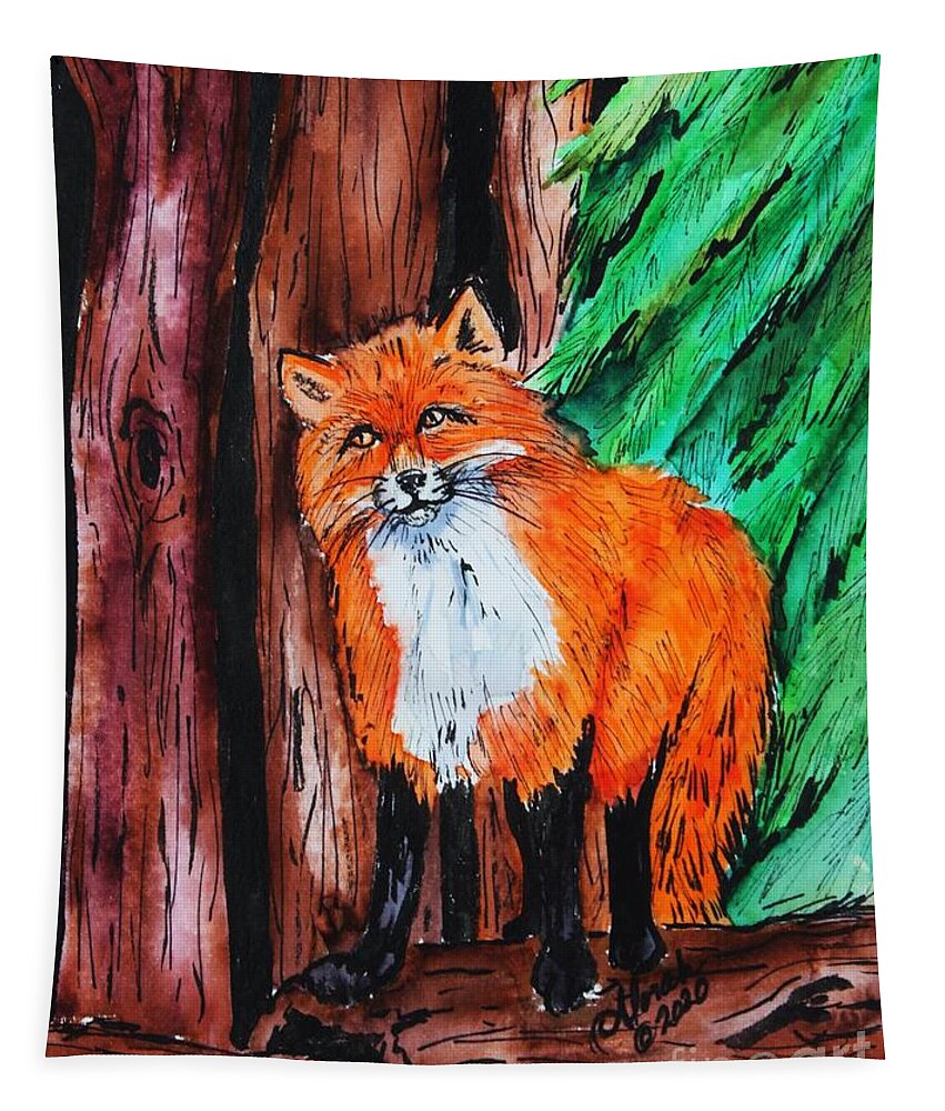 Fox Tapestry featuring the painting Fox on log by Lora Tout