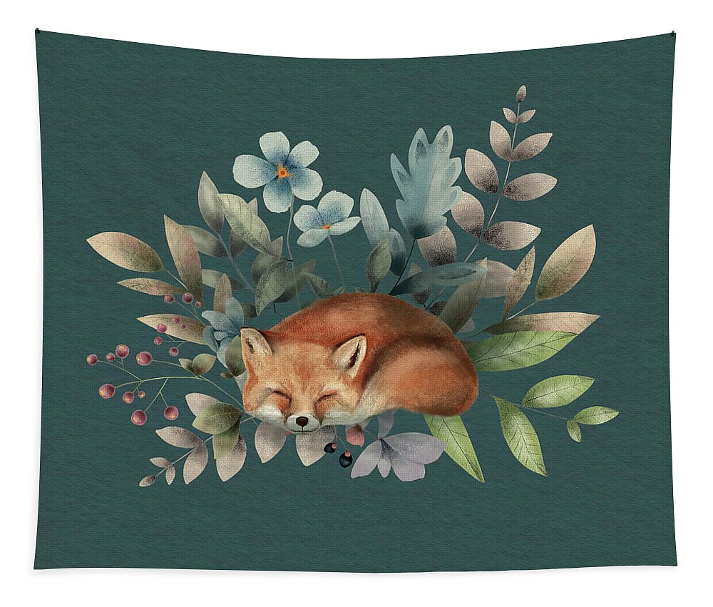 Fox Tapestry featuring the painting Fox With Flowers by Garden Of Delights