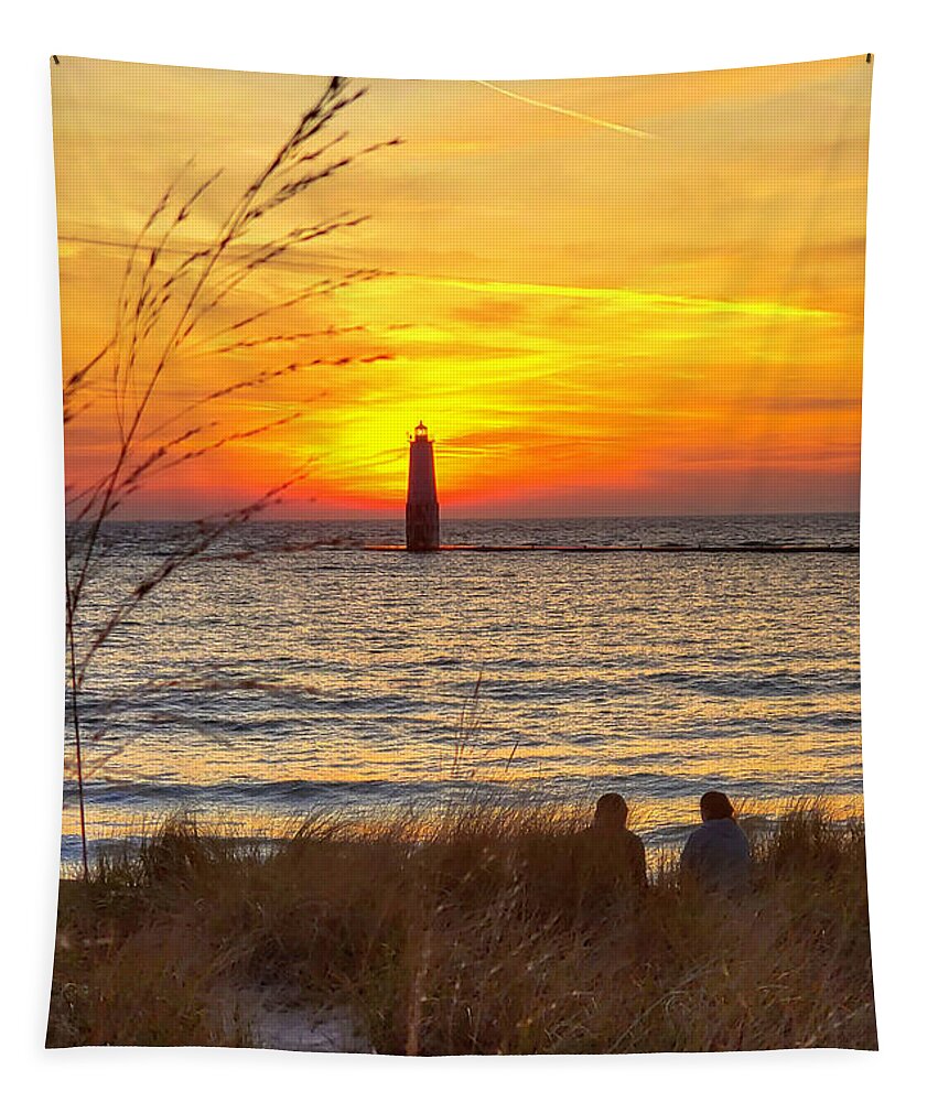 Lighthouse Frankfort Tapestry featuring the photograph Frankfort Beach Lighthouse Sunset -2632 by Norris Seward