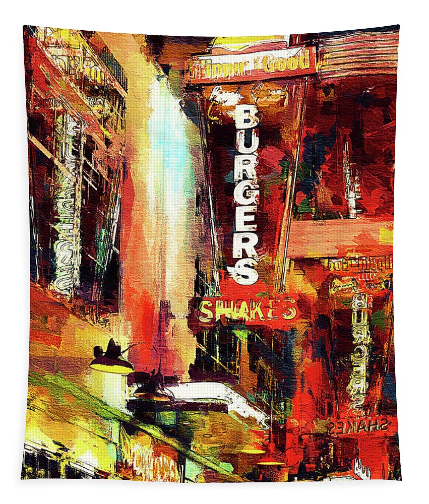 Night Tapestry featuring the mixed media Fremont Street neon signs, Las Vegas by Tatiana Travelways