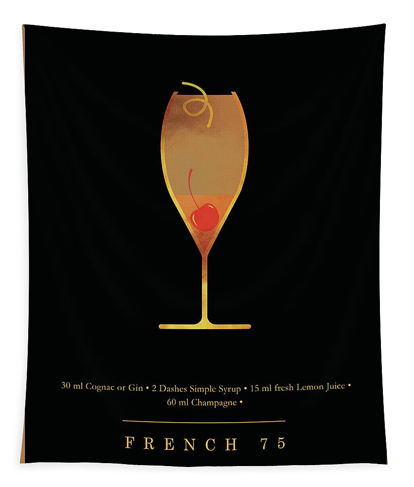 French 75 Tapestry featuring the digital art French 75 Cocktail - Classic Cocktail Print - Black and Gold - Modern, Minimal Lounge Art by Studio Grafiikka