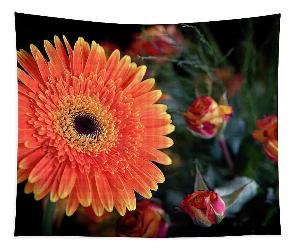 Daisies Tapestry featuring the photograph Fresh beautiful orange daisy flower blossom. Blooming flower by Michalakis Ppalis