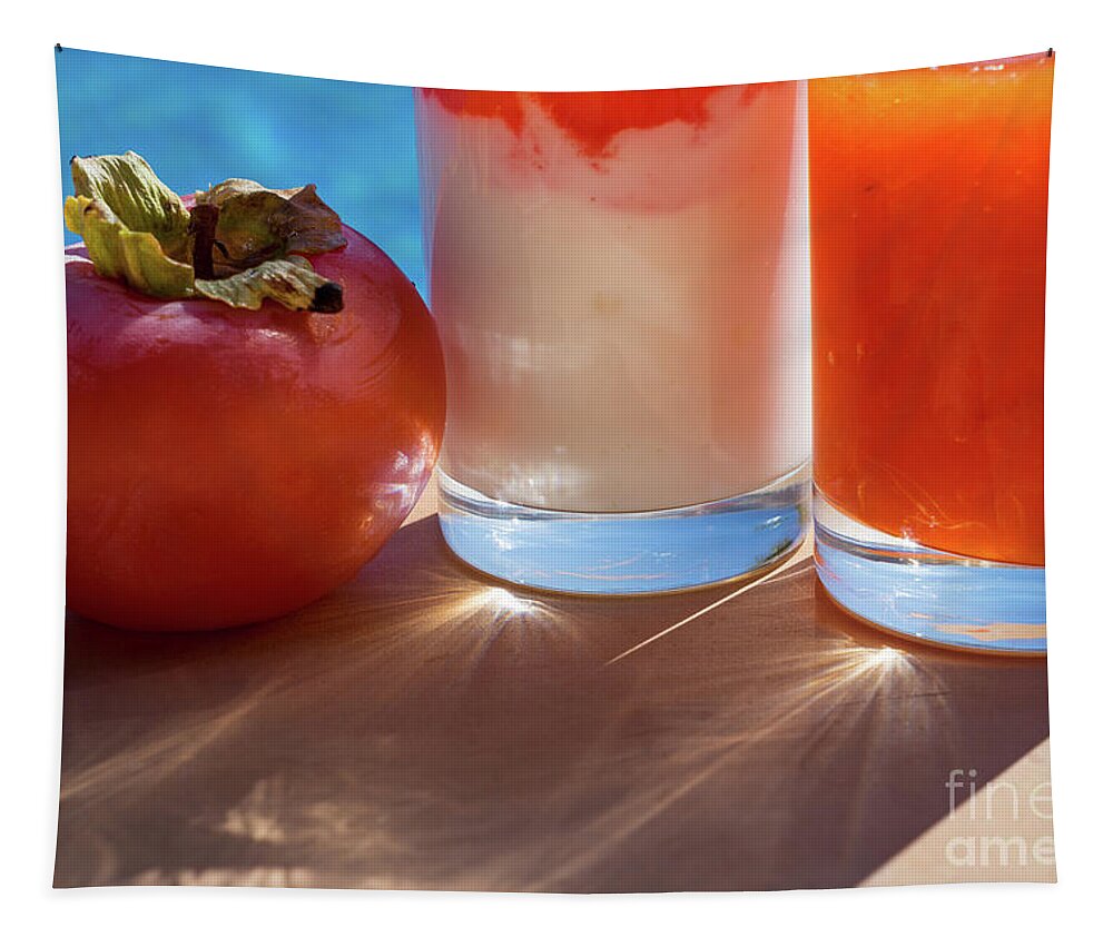 Sunlight Tapestry featuring the photograph Fresh Sweet Persimmon And Delicious Drinks In The Summer Sun by Adriana Mueller