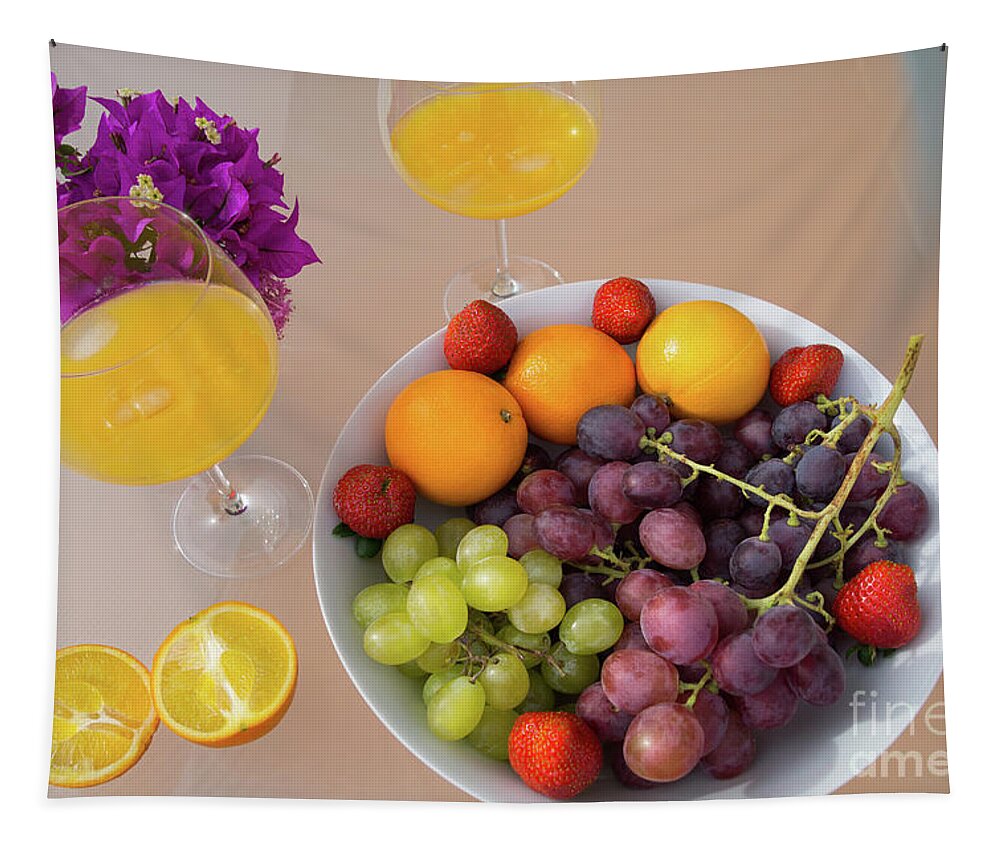 Orange Juice Tapestry featuring the photograph Freshly squeezed orange juice and delicious grapes by Adriana Mueller