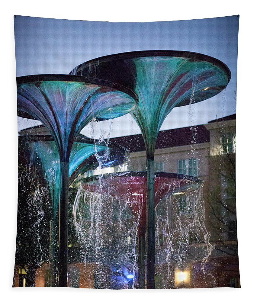 Texas Tapestry featuring the photograph Frog Fountain at Dusk, Texas Christian University, Ft. Worth Texas by Greg Kopriva