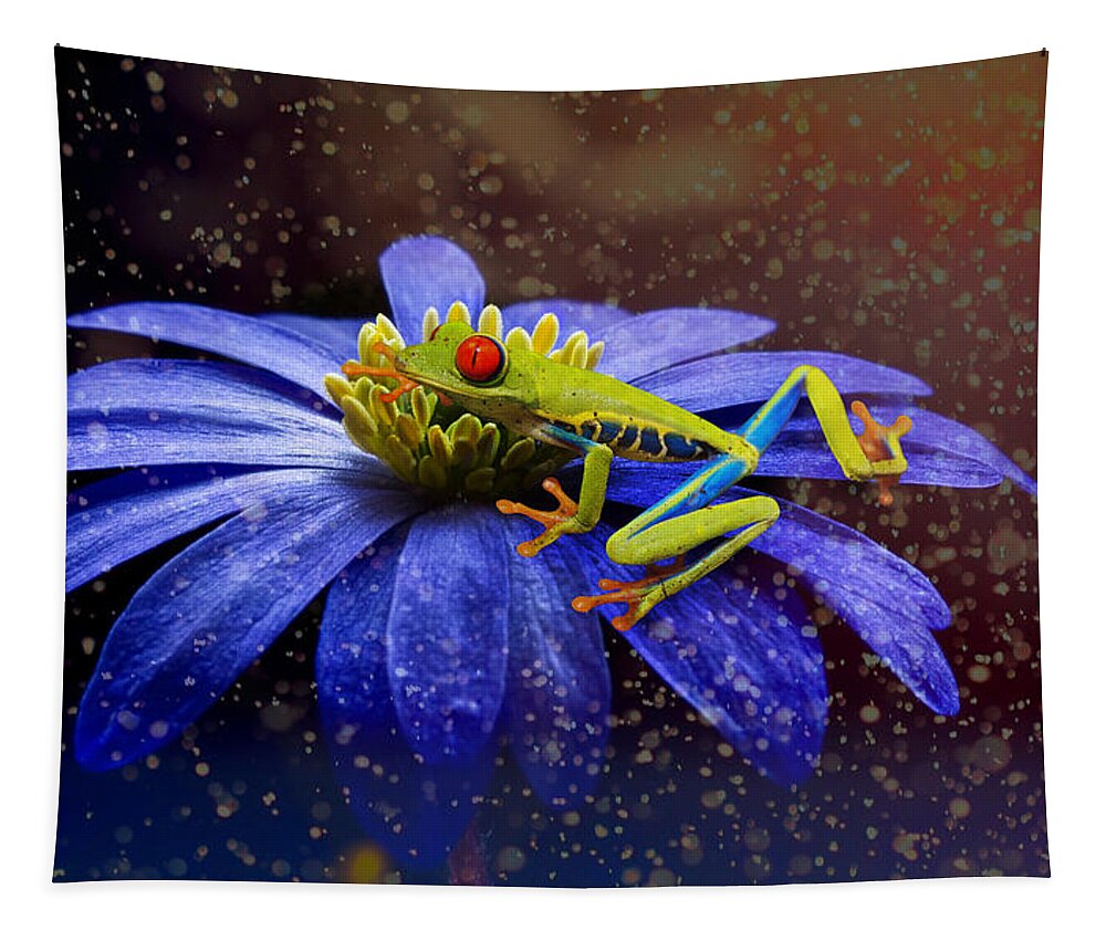 Tree Frog Tapestry featuring the mixed media Froggy Flower by Ally White