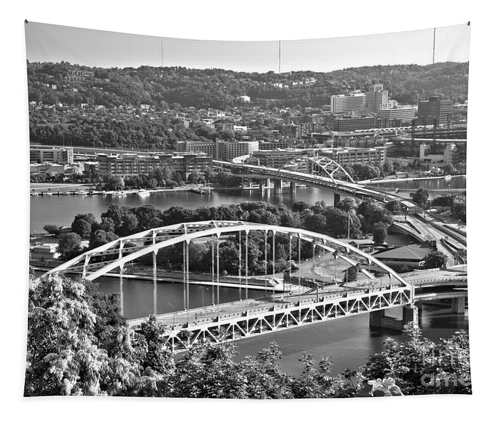 Pittsburgh Tapestry featuring the photograph From Station Square To The Pittsburgh North Shore Black And White by Adam Jewell