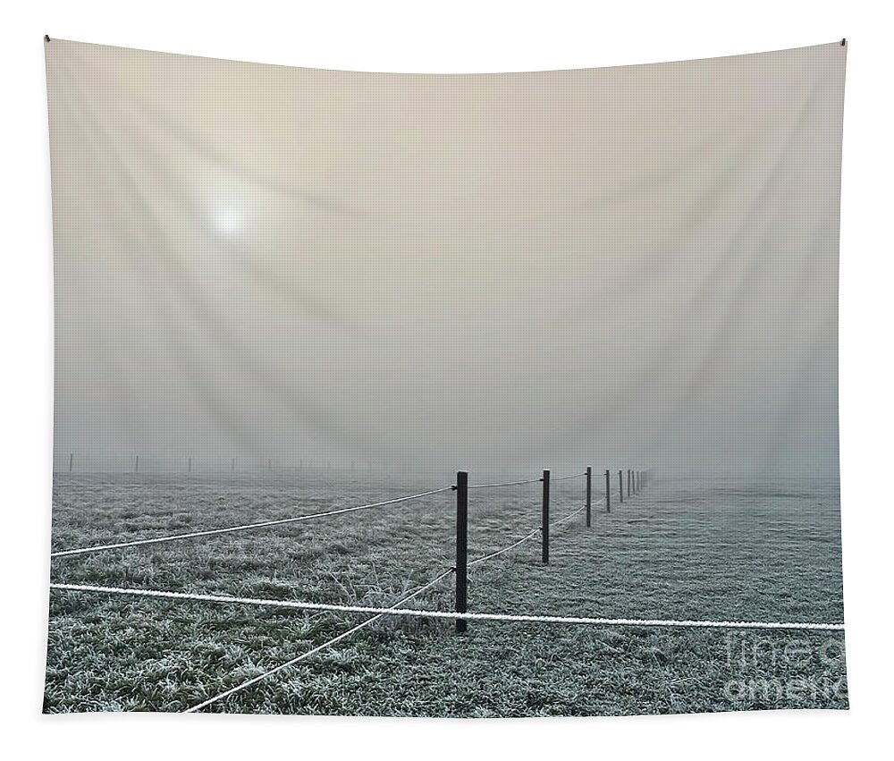 Cold Freezing Chilly Winter Sun Frosty Misty Foggy Landscape Sunrise Fields Morning Tapestry featuring the photograph Frosty And Foggy Morning In Pastrel Shades by Tatiana Bogracheva