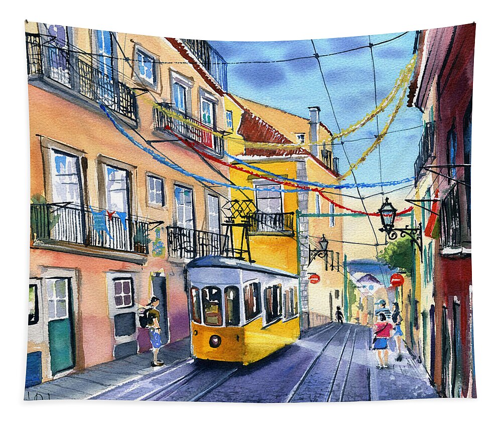 Portugal Tapestry featuring the painting Funicular Bica in Lisbon by Dora Hathazi Mendes