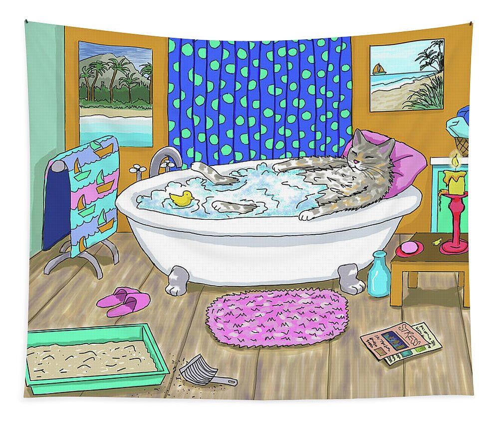Cat Tapestry featuring the digital art Funny Cat in Bath Cat 665 by Lucie Dumas
