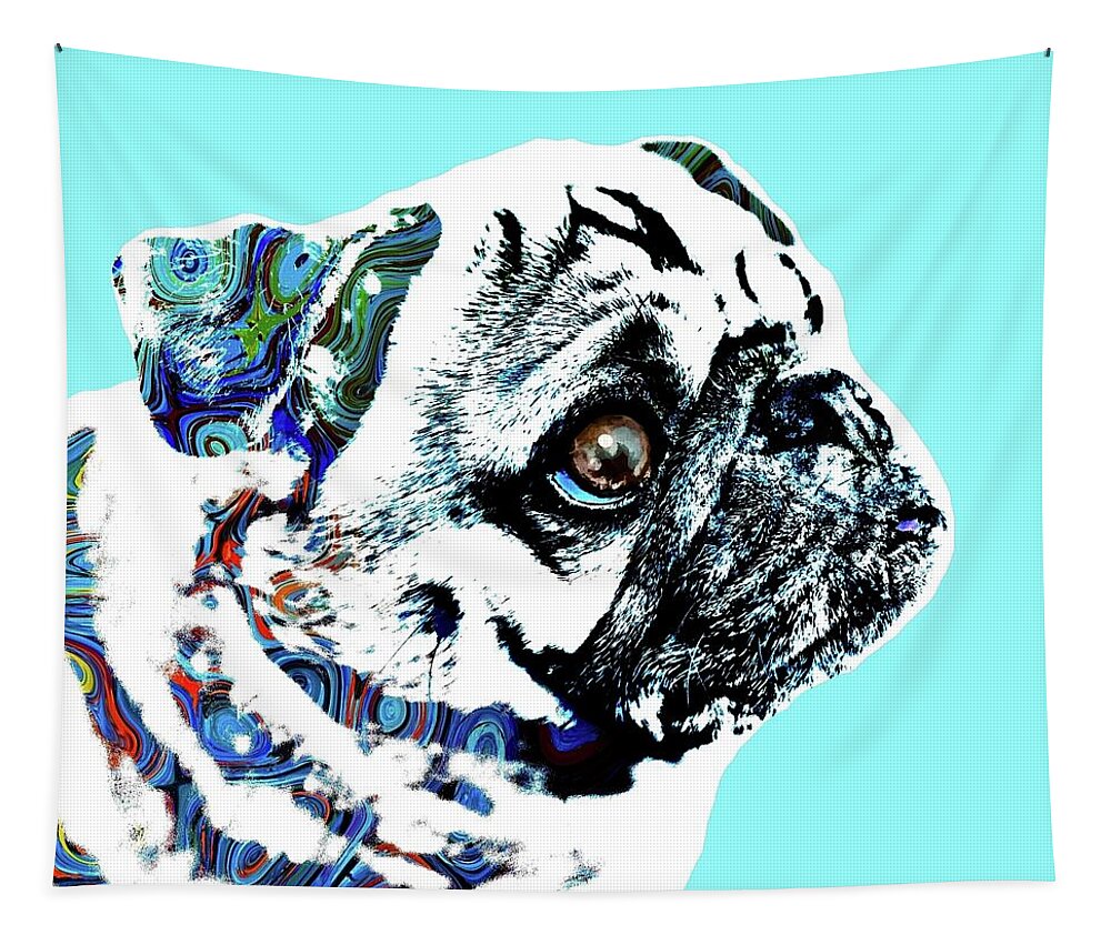 Dog Tapestry featuring the digital art Funny Pug Dog 166 - by artist Lucie Dumas by Lucie Dumas