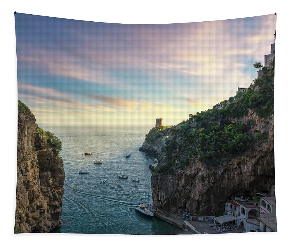 Furore Tapestry featuring the photograph Furore beach bay in Amalfi coast by Stefano Orazzini