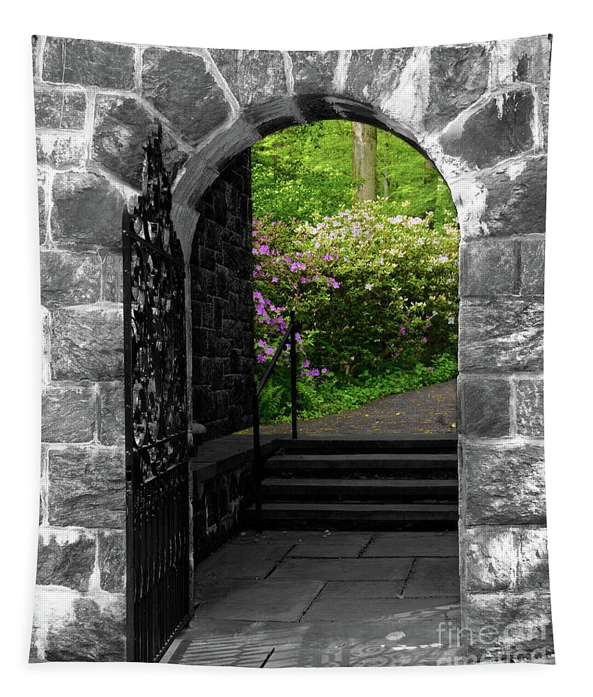 Black And White Tapestry featuring the photograph Garden Entryway Selective Black and White Nature / Floral / Botanical Photograph by PIPA Fine Art - Simply Solid