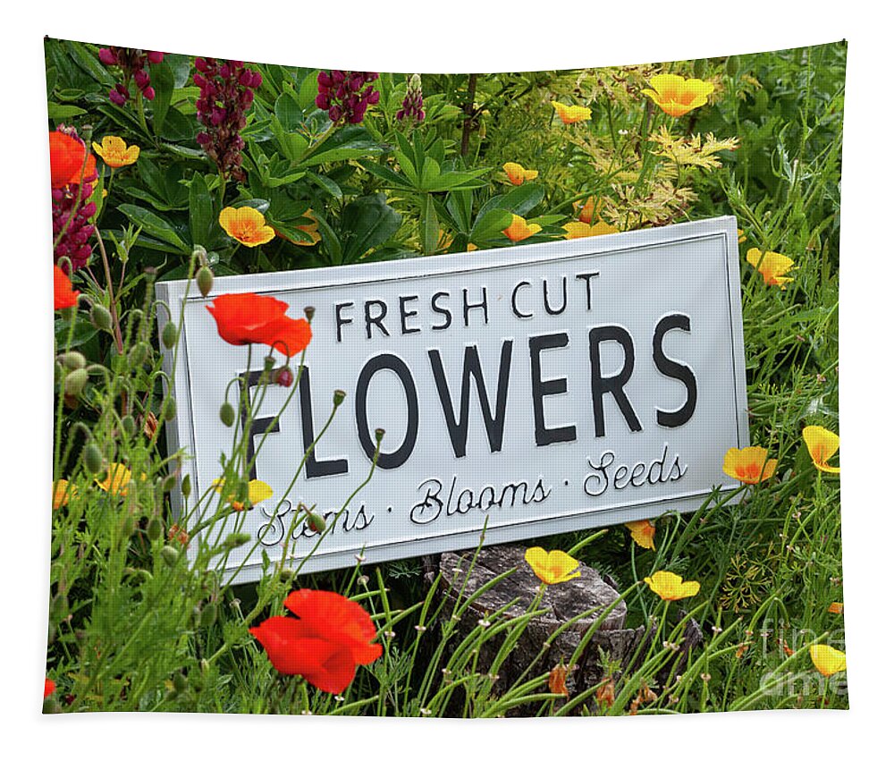 Flowers Tapestry featuring the photograph Garden flowers with fresh cut flower sign 0765 by Simon Bratt