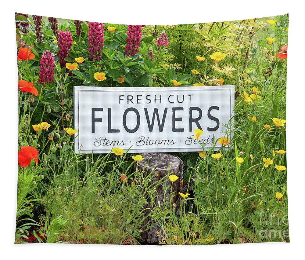 Flowers Tapestry featuring the photograph Garden flowers with fresh cut flower sign 0769 by Simon Bratt