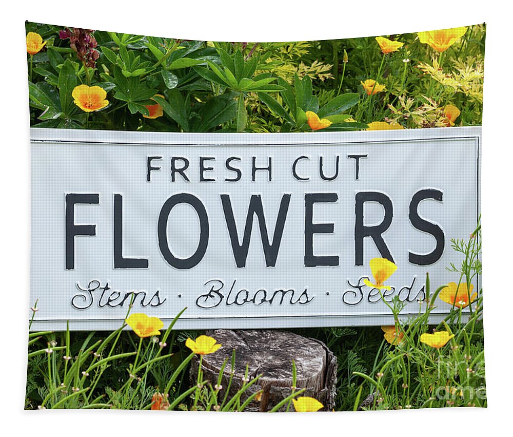 Flowers Tapestry featuring the photograph Garden flowers with fresh cut flower sign 0770 by Simon Bratt