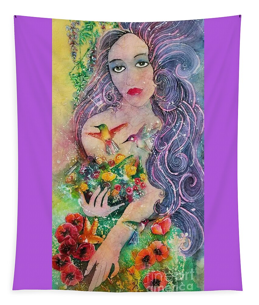 Garden. Goddess Tapestry featuring the painting Garden Goddess of the Hummingbird by Carol Losinski Naylor