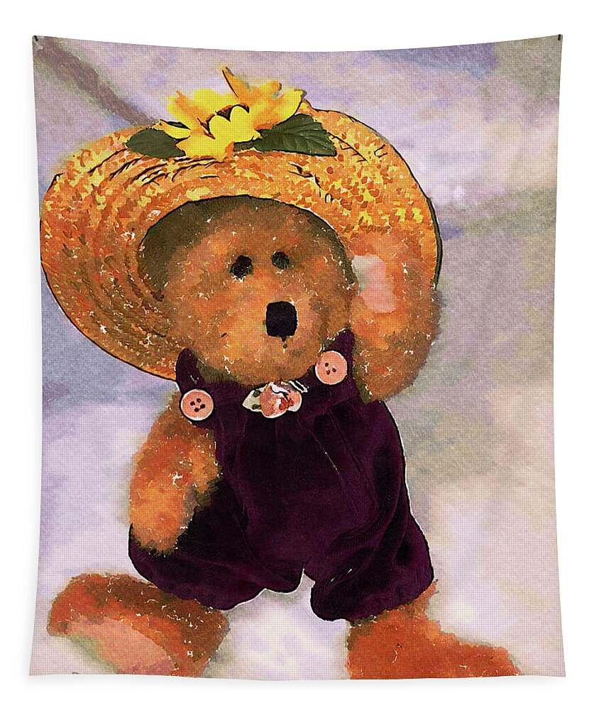 Teddy Bear Tapestry featuring the digital art Garden Teddy Bear in Straw Hat Watercolor Painting by Shelli Fitzpatrick