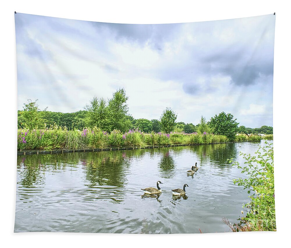 Geese Tapestry featuring the photograph Geese on the Rochdale Canal Lock 54 Slattocks UK by Pics By Tony