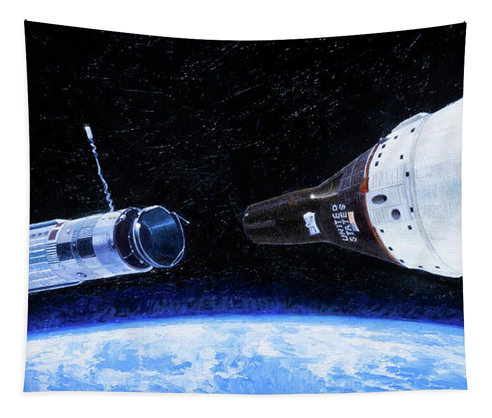 Aerospace Tapestry featuring the painting Gemini 8 First Docking by Douglas Castleman